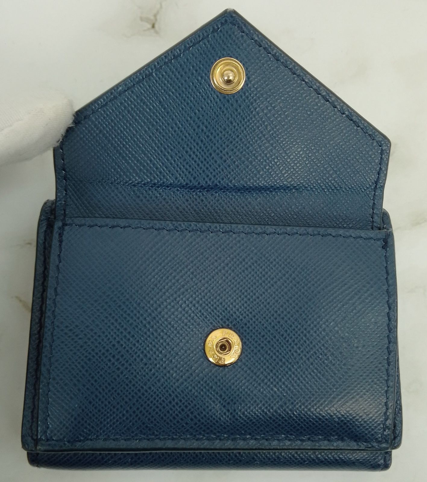 PRADA Saffiano Metal Compact Tri-fold Wallet Navy Blue Gold Hardware Leather Aut thumbnail 17
