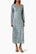 NWT Never Fully Dressed Sz 6 Blue Lottie Wrap Maxi Dress Long Sleeves Metallic