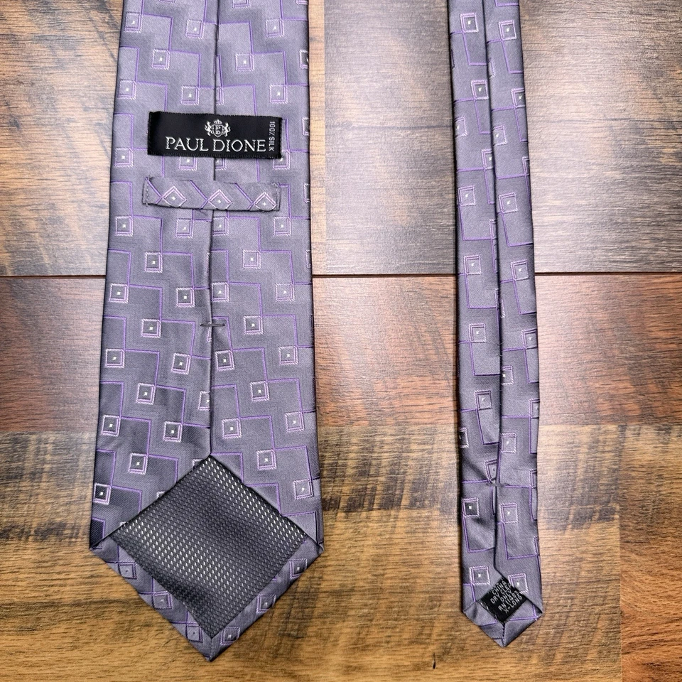 Corbata de seda Paul Dione gris púrpura geométrica extra larga Foto 4 de 4