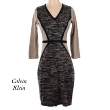 Calvin Klein Womens Taupe Black V Neck 1/2 Sleeve Sweater Dress NWT Size S