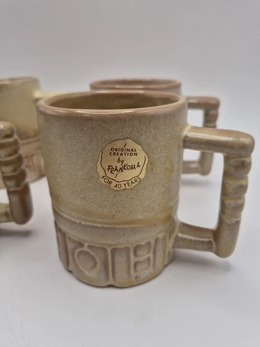Frankoma Pottery Coffee Mugs Set of 4 Mayan Aztec Desert Gold 1970s Vintage MCM