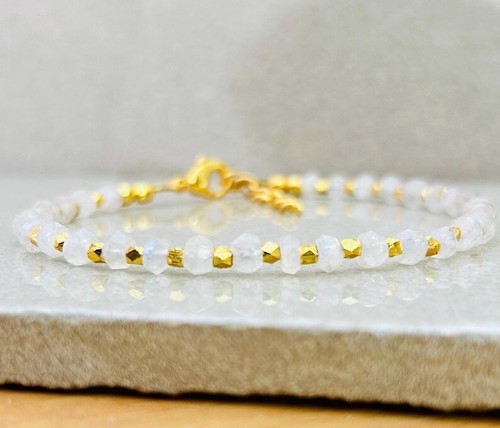 Moonstone & Golden Pyrite 2 Multi Faceted Rondelle Gemstone Beaded Bracelet 6-8" - Picture 10 of 12