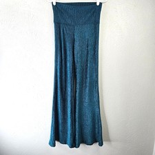 Velour Flare Pant Small Teal Blue High Waist Pull on Stretchy Trouser Retro 70's