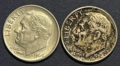 2 Roosevelt Dimes.  1 Each- 1964-P, 1964-D. 90% Silver. Maybe XF Or Better.