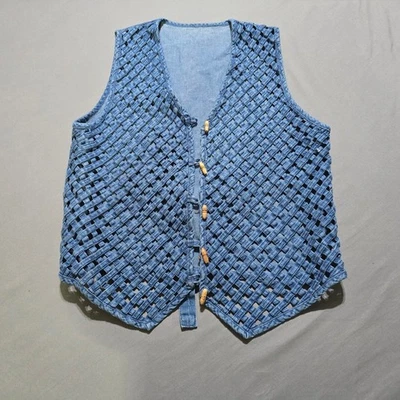 Vintage Woven Lattice Denim Vest Wood Toggle Button Boho Cowgirl Cottagecore M - Image 1 of 4