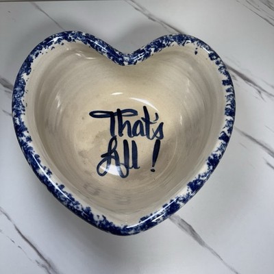 VTG Marshall Pottery Heart  That's All!  Popcorn Bowl Blue & Cream Spongeware