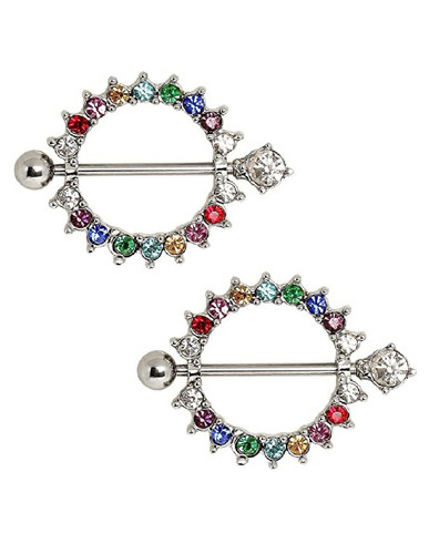 Surgical Steel Rainbow CZ Round with CZ end Nipple Shield Rings - Picture 1 of 1