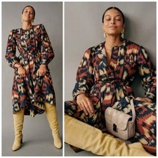 Sézane Caterina Cotton Linen Midi Shirt Dress Abstract Print US 4