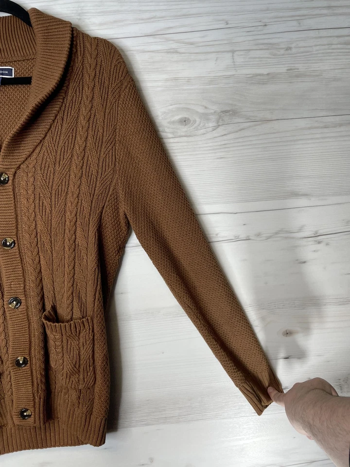 Suéter Club Room Para Hombres Pequeño Marrón Mantón Cuello Cable Tejido Cárdigan Algodón Foto 3 de 4