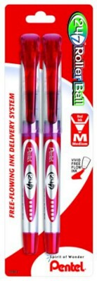 NEW Pentel 2-Pack 24/7 Rollerball Pens RED INK 0.7mm Medium Tip Capped Free Flow