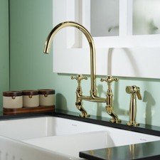 Polished Gold Brass Bridge Kitchen Faucet with High Pressure Sprayer Mixer Set