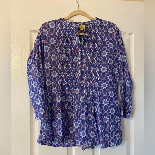 ROBERTA ROLLER RABBIT / blue Cotton top blouse geometric pin tucked xs - Picture 2 of 5