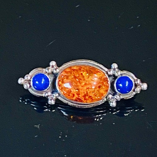 TS JC Tom Jenny Schlecht Cabochon Amber Lapis Lazuli 925 Sterling Brooch Pin Vtg - Picture 5 of 22