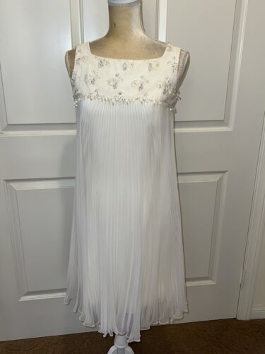 Vintage 1960s Miss Elliette Of CA White Chiffon Pleated Beaded Sequined Dress