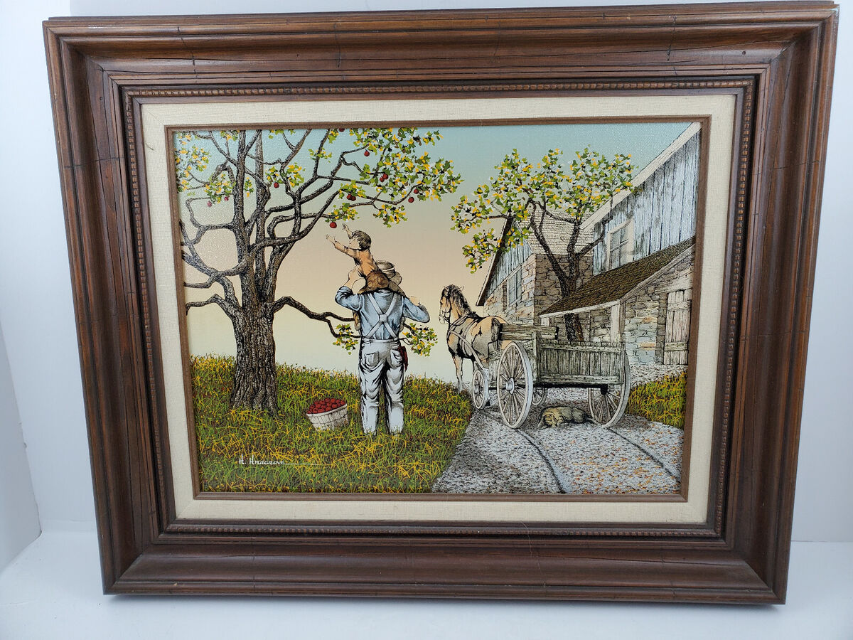 H. HARGROVE OIL PAINTING ON CANVAS *APPLE PICKING* ARTIST H. HARGROVE OIL PAINTING ON CANVAS *APPLE PICKING* ARTIST