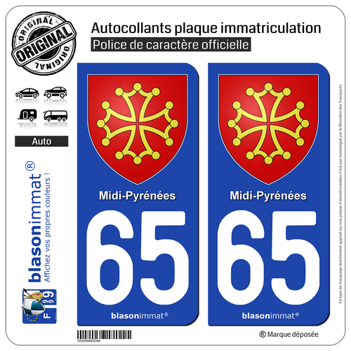 2 Autocollant plaque d'immatriculation auto | 65 Midi-Pyrénées - Armoiries - Photo 1/1