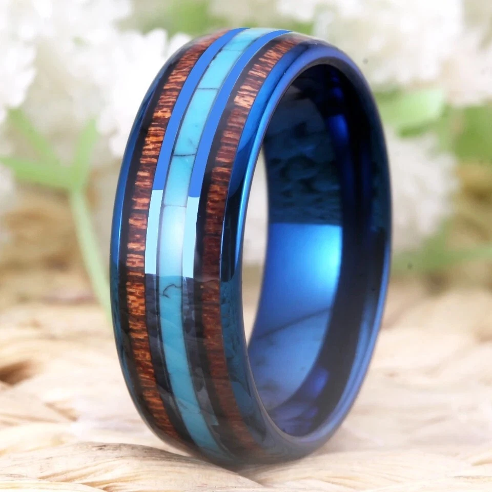 Anillo de carburo de tungsteno color azul de 8 mm banda madera de koa con anillo de incrustación de turquesa Foto 4 de 4
