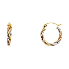 Ioka - 14K Tri Color Gold 3 Line Braided Hoop Hinged Earrings