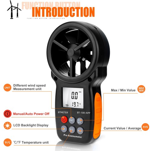 Handheld Digital Anemometer Wind Speed Meter 0.3-30m/s Bluetooth Wind Temp Gauge - Picture 8 of 11