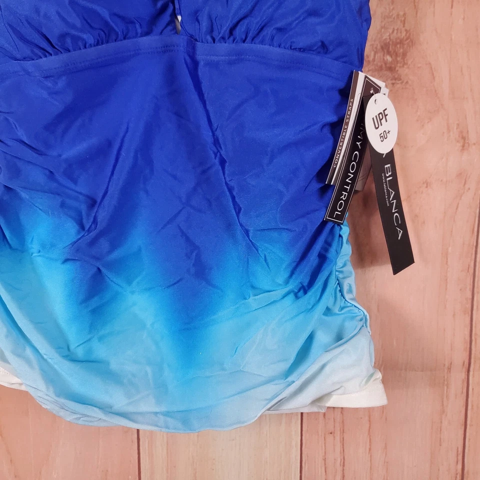 Camiseta Tankini La Blanca Ocean para Mujer 4 Azul Blanco Nylon Elastizada Ojo de Cerradura Cuello Alto Foto 4 de 4