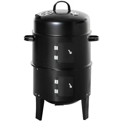 3 in 1 Schwarz BBQ Holzkohlegrill Barbecue Smoker Garten Outdoor Kochen Stahltopf