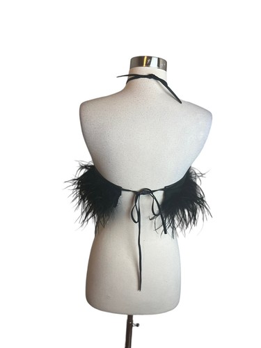 Lamarque Aiss Top Size XS Black Leather Feather Hem Halter Crop Revolve - Picture 5 of 9