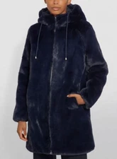 Maje Women's Bayalou Hooded Faux-Fur Coat Bleu Size 36( US S) 6215
