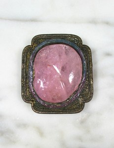 ANTIQUE CHINESE ENAMEL SILVER LARGE CARVED PINK TOURMALINE PEACH SHOE DRESS CLIP