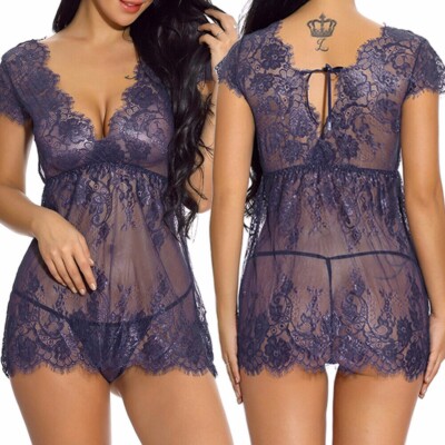 Women Sexy Lingerie Lace Dress Babydoll Nightdress Sleepwear Nightgown Thong Set