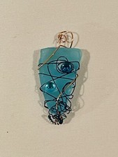 NEW Women's Handmade Pendant Wire Wrapped Blue Tumbled Glass Copper