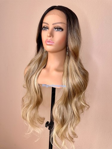 Honey Golden Blonde Wig Ombré Lace Front Middle Part Wavy Layered 26 Inch Long - Picture 4 of 7