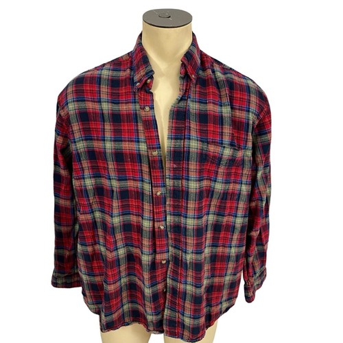 Upcycled Flannel Shirt Mens 2XL Shacket Flag Red Mechanic Grunge Farm Ranch Camp - Picture 2 of 16