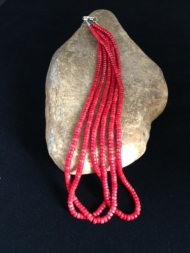 Rote Koralle stabilisiert 3 Stränge Navajo Sterlingsilber Heishi Halskette 01778 - Bild 4 von 12