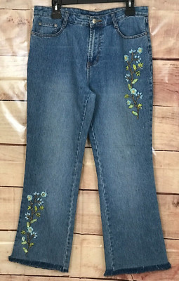 Cosmo Women 10 Blue Denim Jeans High Rise Embroidery Front Back Straight Leg