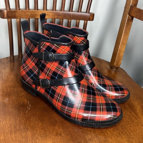 Cougar Royale Red Plaid Rain Boots Hand Crafted Fall Autumn Booties Sz 8