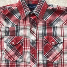 VTG Wrangler Western Shirt Men 15-33 Red Plaid Cowboy Cut Pearl Snap X Long Tail