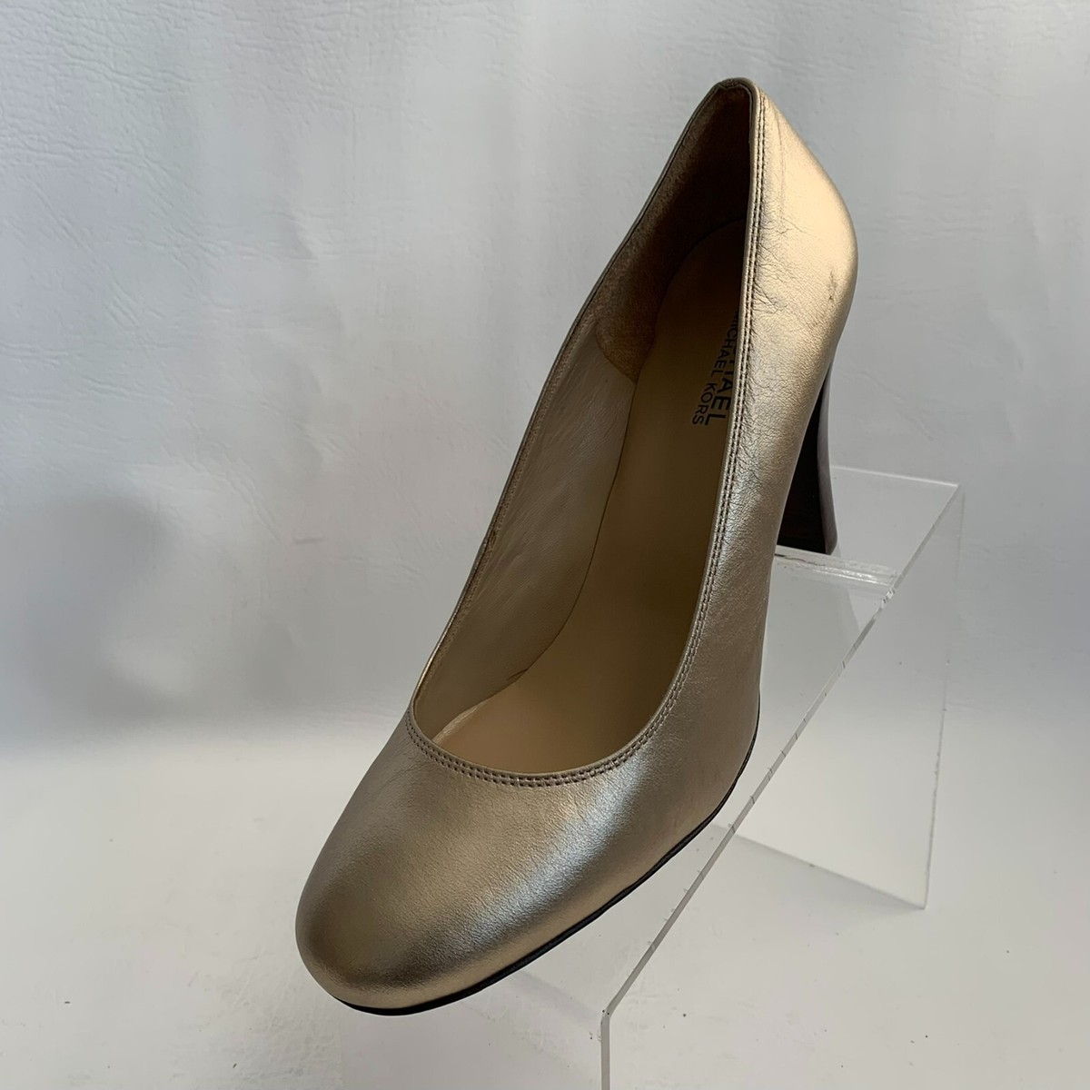 Michael Kors Pumps Gold Leather Round Toe Block Heel Slip On Shoes Size 10M