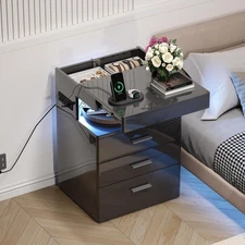 Led Nightstand with Hidden Space, Modern Night Stand with Charging Station, 3...