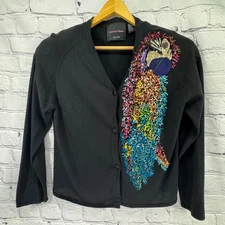 Michael Simon Sweater Women's XL Black Embellished Parrot Unique Art to Wear