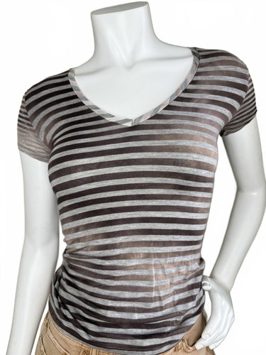 Citrine Collection Brown Gray Striped Sheer T-Shirt Women’s XS Fitted - Picture 2 of 3