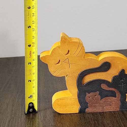 FAMILLE DE CHATS en bois artisanal de 3 chatons PUZZLE NICHÉ noir orange marron 5" - Photo 10 sur 11