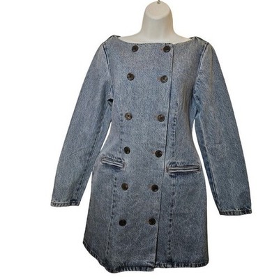 KBB Denim Mini Dress Women 8 Blue New Double Breasted Long Sleeve Vintage Wash