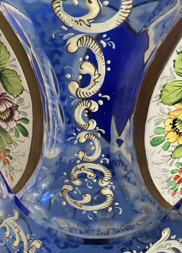 Vintage Bohemian Czech Large Blue Cut Glass Vase Hand Painted Floral & Gilt. - Picture 6 of 12