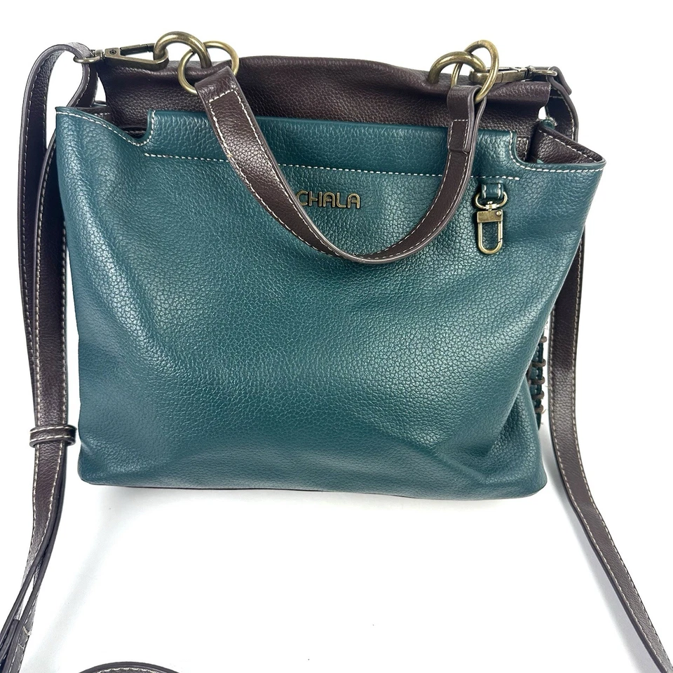 Chala Convertible Satchel Crossbody Grren Blue Faux Leather Handbag No Charm - Image 2 of 4