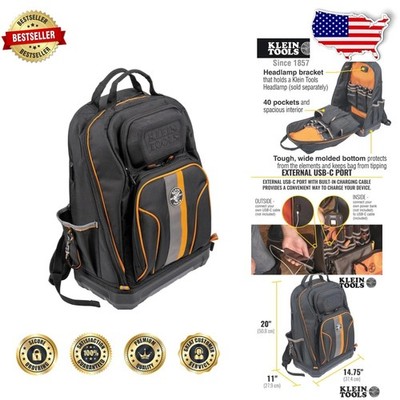 XL Tradesman Pro Tool Backpack, 40 Pockets, Molded Bottom, Jobsite Ready, USB-C