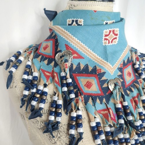 Vintage Neckerchief Western Bandana Blue Bead Medallion - Picture 2 of 7