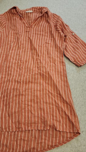 Tempo Paris Tunic Shirt Womens Small Medium Rust Stripe V Neck Roll Tab Hem - Picture 4 of 11