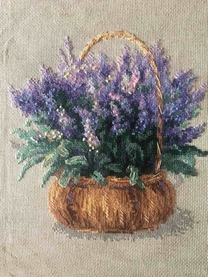 Handmade Lavender Basket Embroidery   Cross Stitch on Linen Canvas, Wool Thread