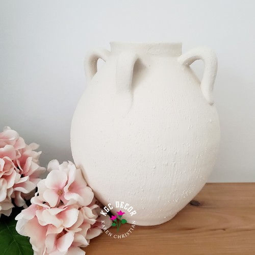 Rustic Cream Toby Vase Greek Urn Style Handles Heavy Ornament Pot Planter Decor - Picture 1 of 10
