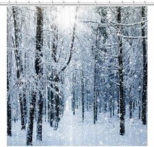 Winter Shower Curtain,Snow Forest Natural Landscape Christmas Bathroom Curtai...